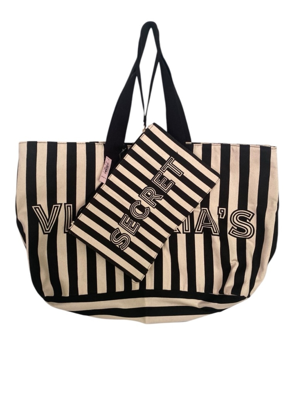Victorias Secret Canvas Bag and Wristlet Set Black Ivory Stripe Zipper Tote NWT